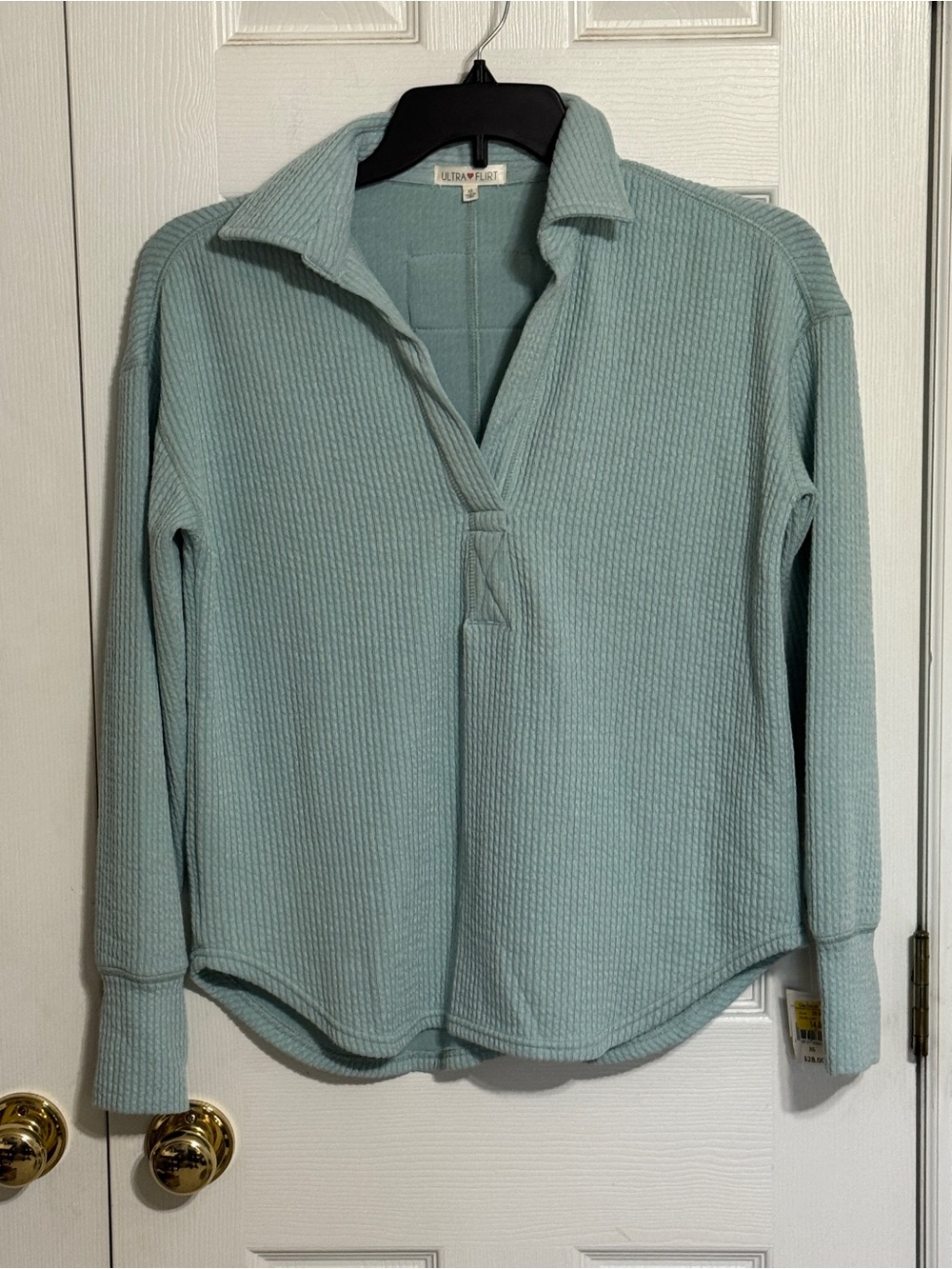 Ultra Flirt Aqua Knit V Neck Pullover Waffle Knit